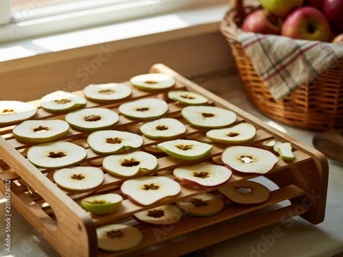 Sliced ​​apples on a wooden drying rack, thinly sliced ​​apples are arranged on a multi-tiered wooden drying rack near the window, rustic style photo