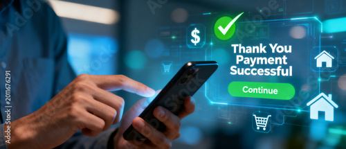 Digital payment confirmation Person completes a transaction using a mobile phone with a successful payment notification displayed on screen