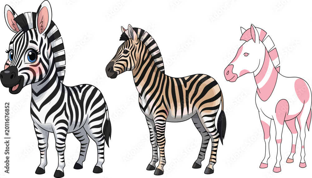 Obraz premium Cute Cartoon Zebra Character Set — Baby Zebra, Realistic Zebra, and Pink Outline Coloring Page Style for Kids