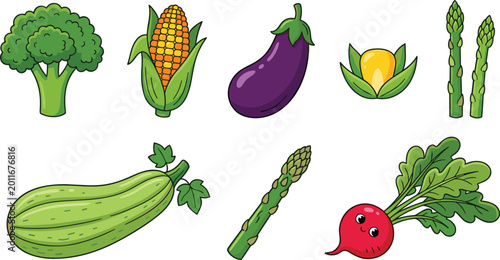 Fotografía Colorful vegetable icons set including broccoli corn eggplant asparagus zucchini