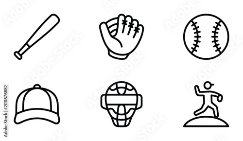 Baseball Icons Set: Bat, Glove, Ball, Cap, Mask, Pitcher Vector Graphics for Sports and Recreation Themes
