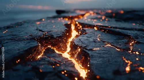 Lava cracks glowing beneath dark volcanic rock crust images