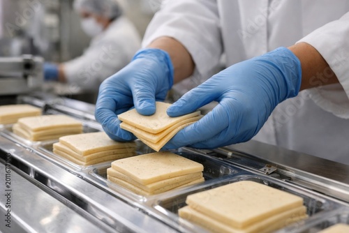 Cheese slices being packed on production LINE in food factory by gloved workers