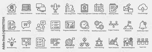 Remote Work and Team Collaboration Management Line Icon Set, Including Remote Team, Video Conference, Voice Call, Screen Sharing, Task Assignment, Project Management, Calendar Scheduling, and more.