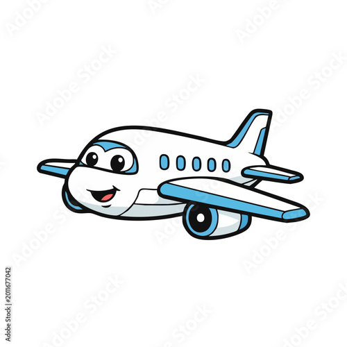 Cute cartoon airplane with a happy face and blue accents flying.