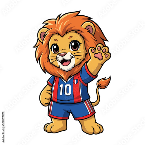 Cute cartoon lion mascot wearing a soccer uniform waving hello.