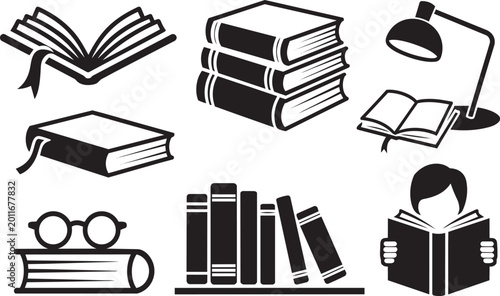 Black and white book education reading for bookmark and library with knowledge with learning