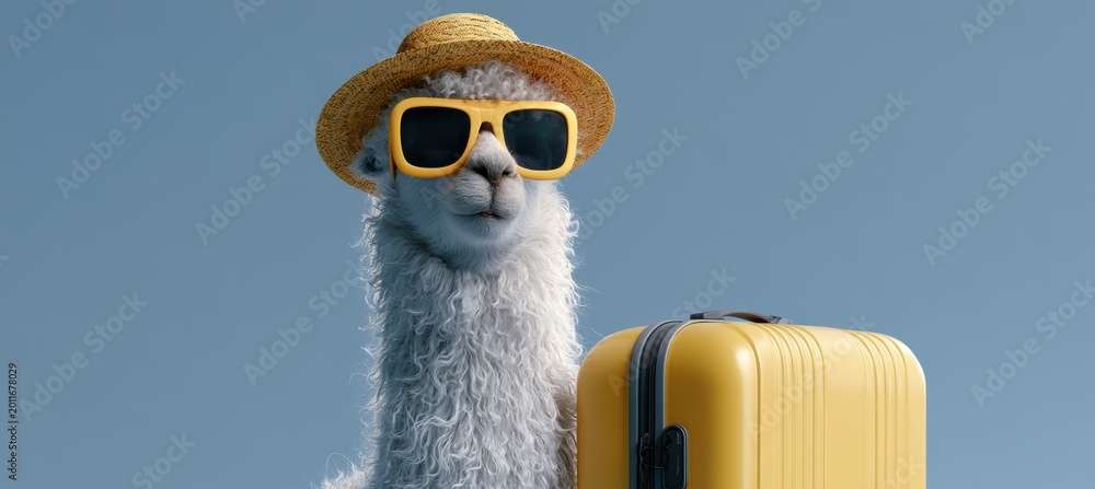 Fototapeta premium Alpaca in office meeting with sunglasses and straw hat beside suitcase