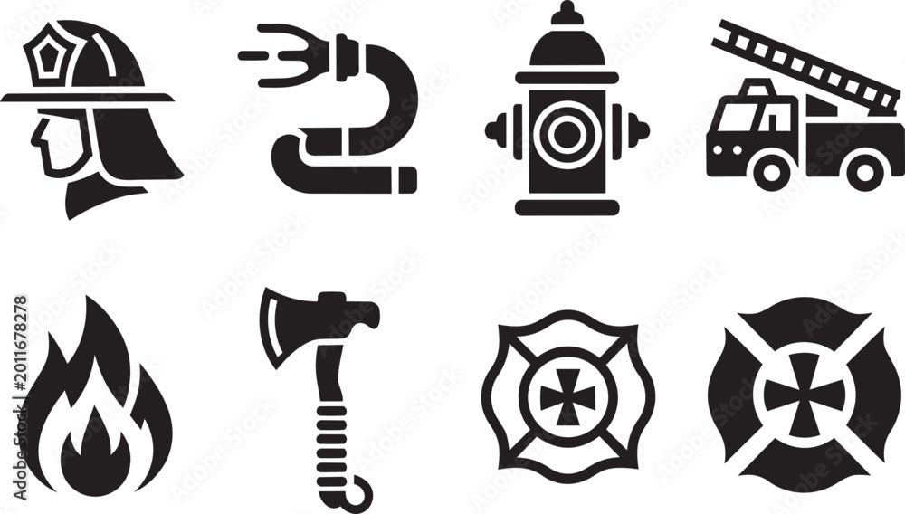 Naklejka premium Firefighter helmet and equipment icons set featuring fire hose axe and truck for safety and rescue