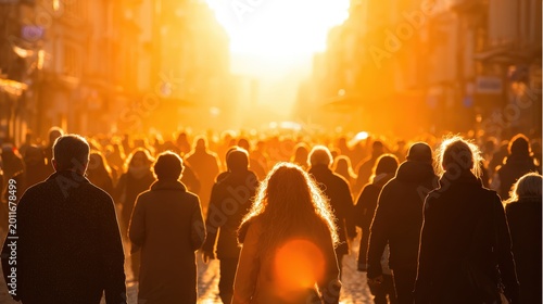 Crowds of people walk down a busy city street during a bright sunset.