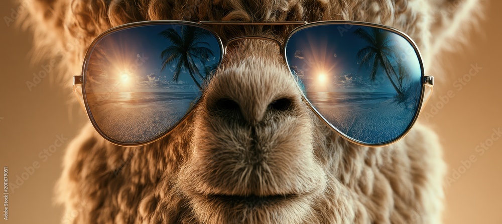 Fototapeta premium Alpaca Wearing Sunglasses at Beach Summer Scene