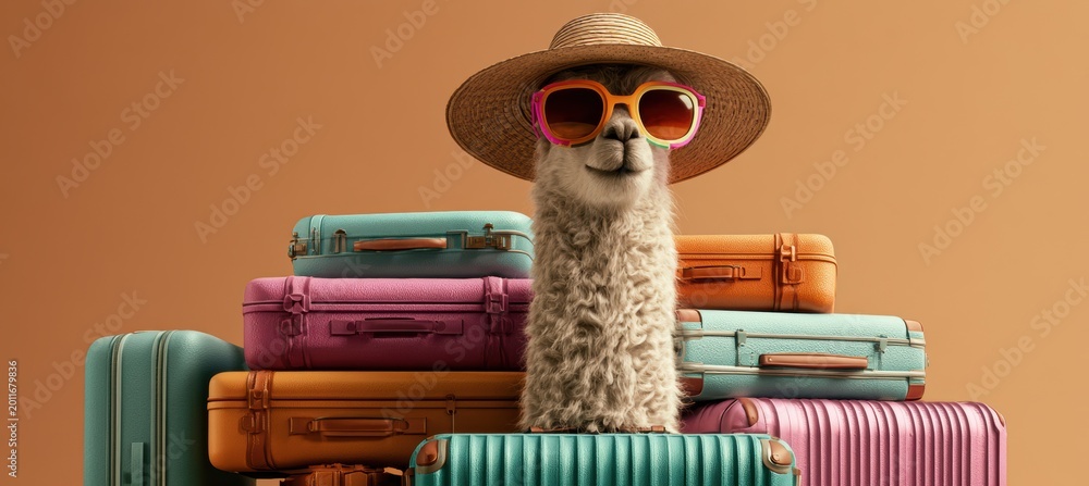 Fototapeta premium Funny alpaca with sun hat and sunglasses over summer luggage
