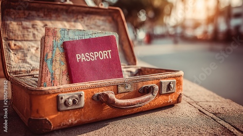 vintage travel ready passport in old suitcase with map for adventure and tourism