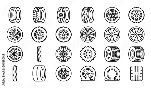 Car tire icon set with wheel rims winter snow treads off road patterns flat tires alloy wheels and rubber treads