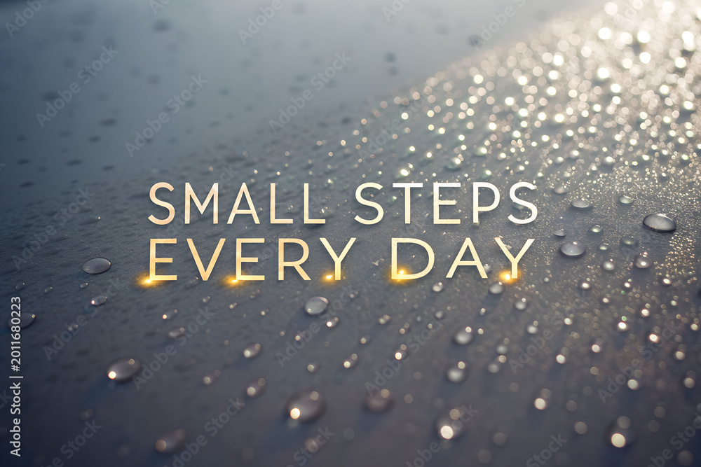 Fototapeta premium Dark glossy background with scattered water droplets featuring motivational text small steps every day symbolizing persistence discipline and gradual progress Generative Ai.