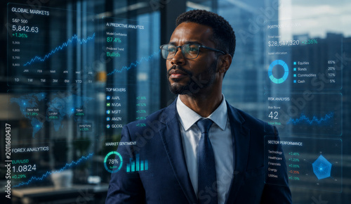 Businessman, analytics, finance, data, technology, and cityscape in modern office setting