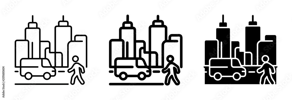 Fototapeta premium City street silhouette icons buildings, car, pedestrian, solid black style, urban transportation set