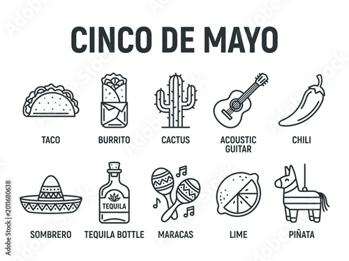 Cinco de Mayo Celebration Elements - Traditional Mexican Fiesta Icons and Symbols