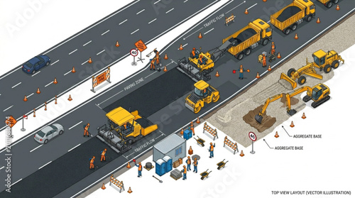 Road construction crew working on highway asphalt paving project.