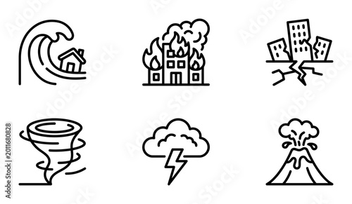 Foto 6 natural disaster outline icons, line style, global catastrophe, emergency risk