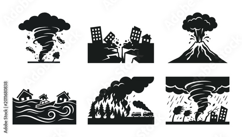 Cuadro en lienzo 6 Natural disaster silhouette icons set, solid black style, global warming clima