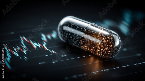 advanced pharmaceutical capsule with digital stock market data background for healthcare and science technology promotion