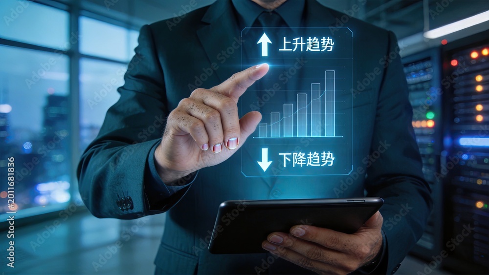 Fototapeta premium Businessman in suit using tablet to interact with futuristic holographic chart showing growth and decline trends in server room