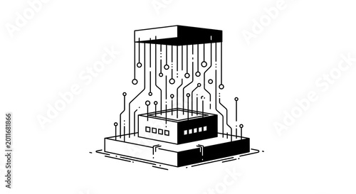 Minimalist Vector Illustration of a Computer Chip with Circuit Lines and Data Transfer Connectivity, Tech Hardware Icon