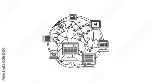 Global Artificial Intelligence Network and Digital Connectivity Illustration, Minimalist Line Art Globe with Computers and Technology Icons