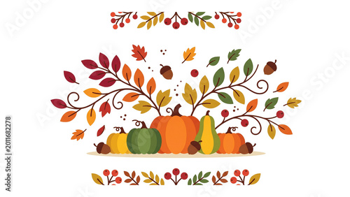Minimalist Autumn Harvest Banner with Pumpkins, Acorns, and Berries, Flat Design Fall Season Botanical Vector Illustration for Thanksgiving and Seasonal Decoration Isolated on White Background.