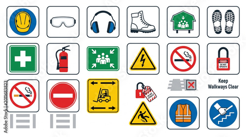 Collection of Safety Signs and Symbols for Workplace Hazard Warnings.
