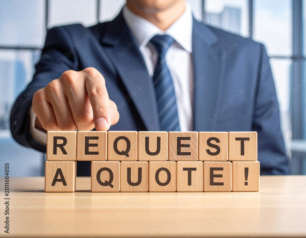 Naklejka premium Request a quote! - Geschäftsmann zeigt auf den Text 