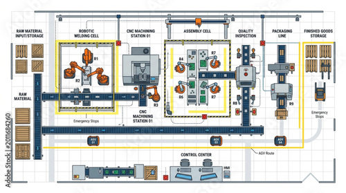 Industrial factory floor plan with machinery and conveyor belts.