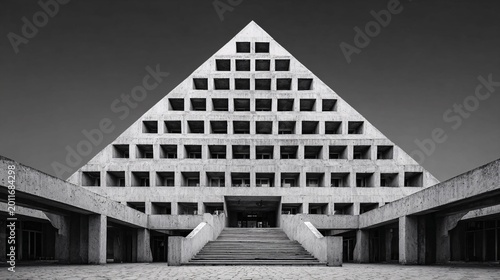 modern brutalist pyramid-shaped building in black and white architecture photography