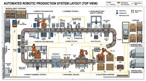 Automated Robotic Production System Layout Top View Blueprint.