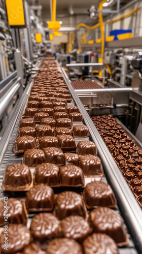 Freshly molded chocolate bars being transported on conveyor belts in a vibrant chocolate production facility with a warm, inviting workspace