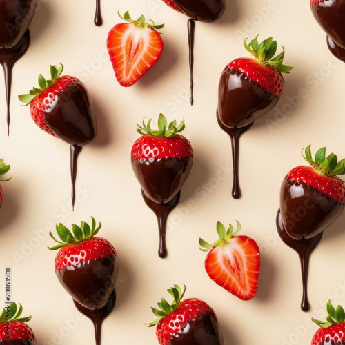 Fresh strawberries glazed with melting dark chocolate drops in seamless pattern on beige background