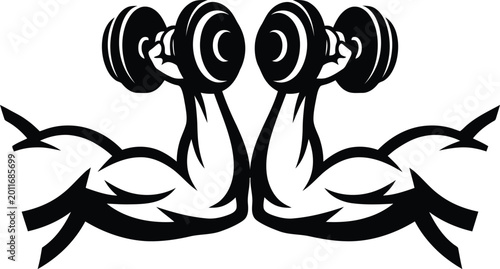 Fotografía Strong muscular arms holding dumbbells fitness and gym logo vector illustration
