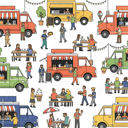 Colorful food truck festival pattern with people eating and walking in a vibrant city street market scene vector illustration