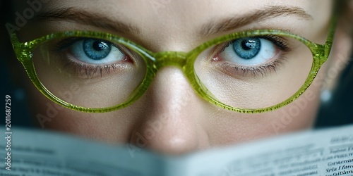 close-up of woman with blue eyes and green eyeglasses reading newspaper for focused intellectual lifestyle