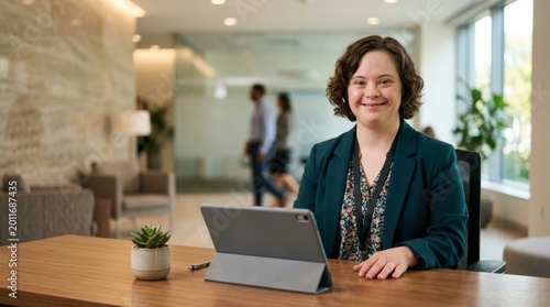 Receptionist with Down Syndrome Smiling at Front Desk in Modern Office