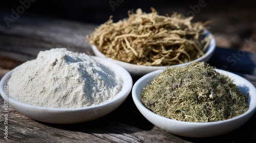 Three White Ceramic Dishes Containing Dried Herbs, Ground Powder, and Green Spices on a Wooden Surface