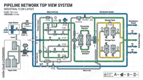 Konstfotografi Industrial pipeline network schematic diagram top view.