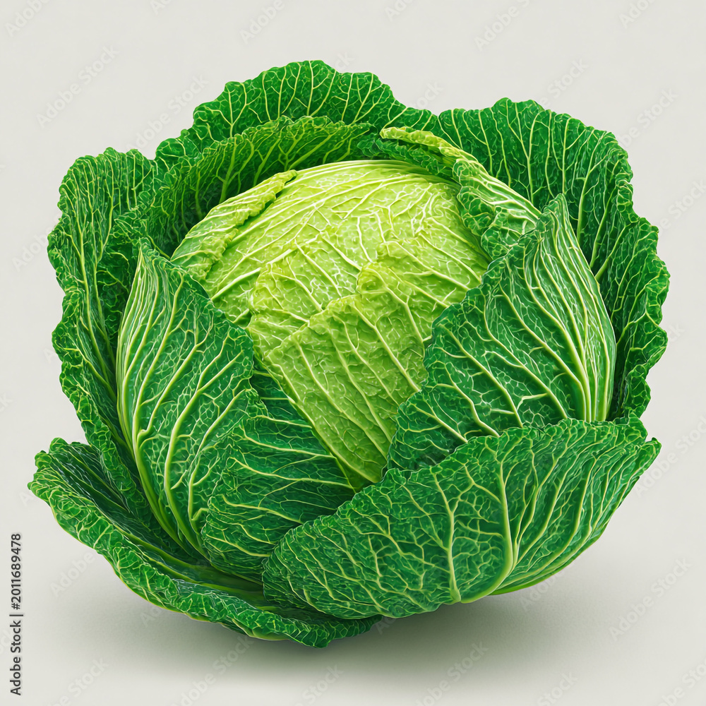 Fototapeta premium A playful, isometric green cabbage with soft 3D textures. This cute, cartoon-style vegetable features vibrant layers and a polished finish, designed as a high-quality icon for mobile gaming apps.