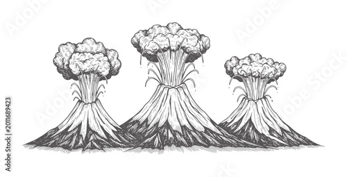 Photography Three erupting volcanoes spewing smoke and ash in a vintage engraving style erup