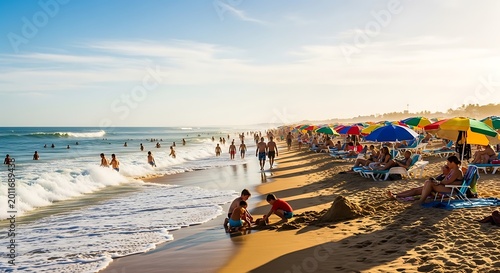 Crowded Sunny Beach with Colorful Umbrellas and People Relaxing by Ocean Waves