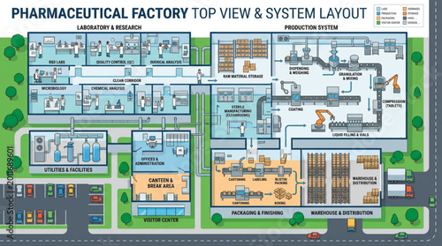 Pharmaceutical Factory Top View and System Layout Diagram.