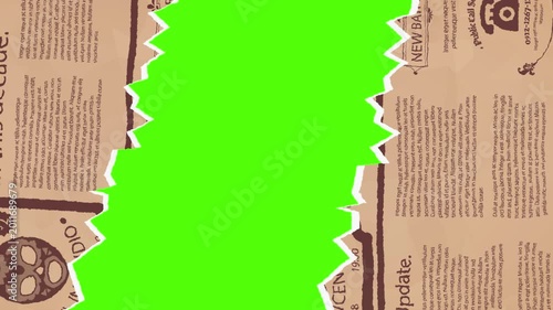Green Screen Newspaper Tear: A torn newspaper revealing a vibrant green screen backdrop, perfect for your custom content and creative projects.