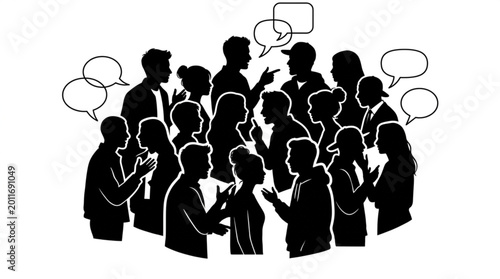 Bild auf Leinwand Diverse group of people in silhouette communicating with speech bubbles