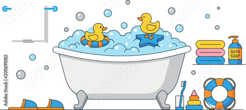 Foto Cute vector illustration of a clean bathroom scene with a bubbly bathtub, yellow rubber ducks, colorful toys, soft towels, and liquid soap